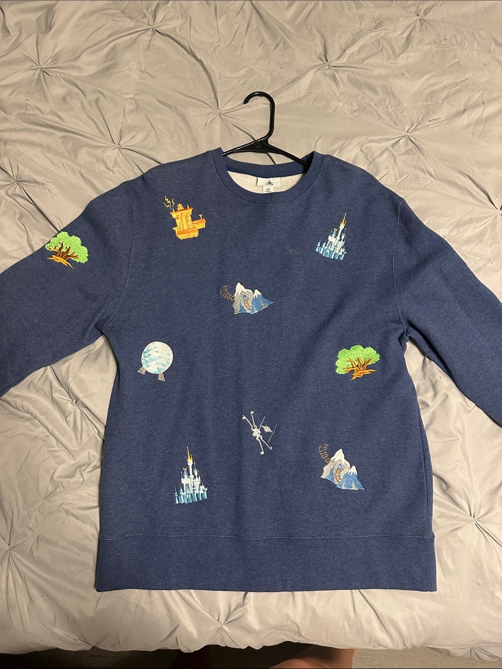 Disney Navy Blue Crewneck Sweater with Colorful Castle & Tree Patches